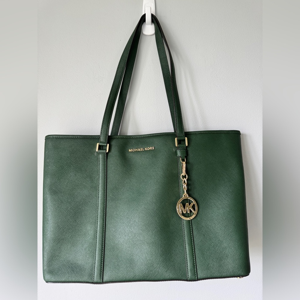 Michael Kors Dark Green Saffiano Tote with Gold Hardware
